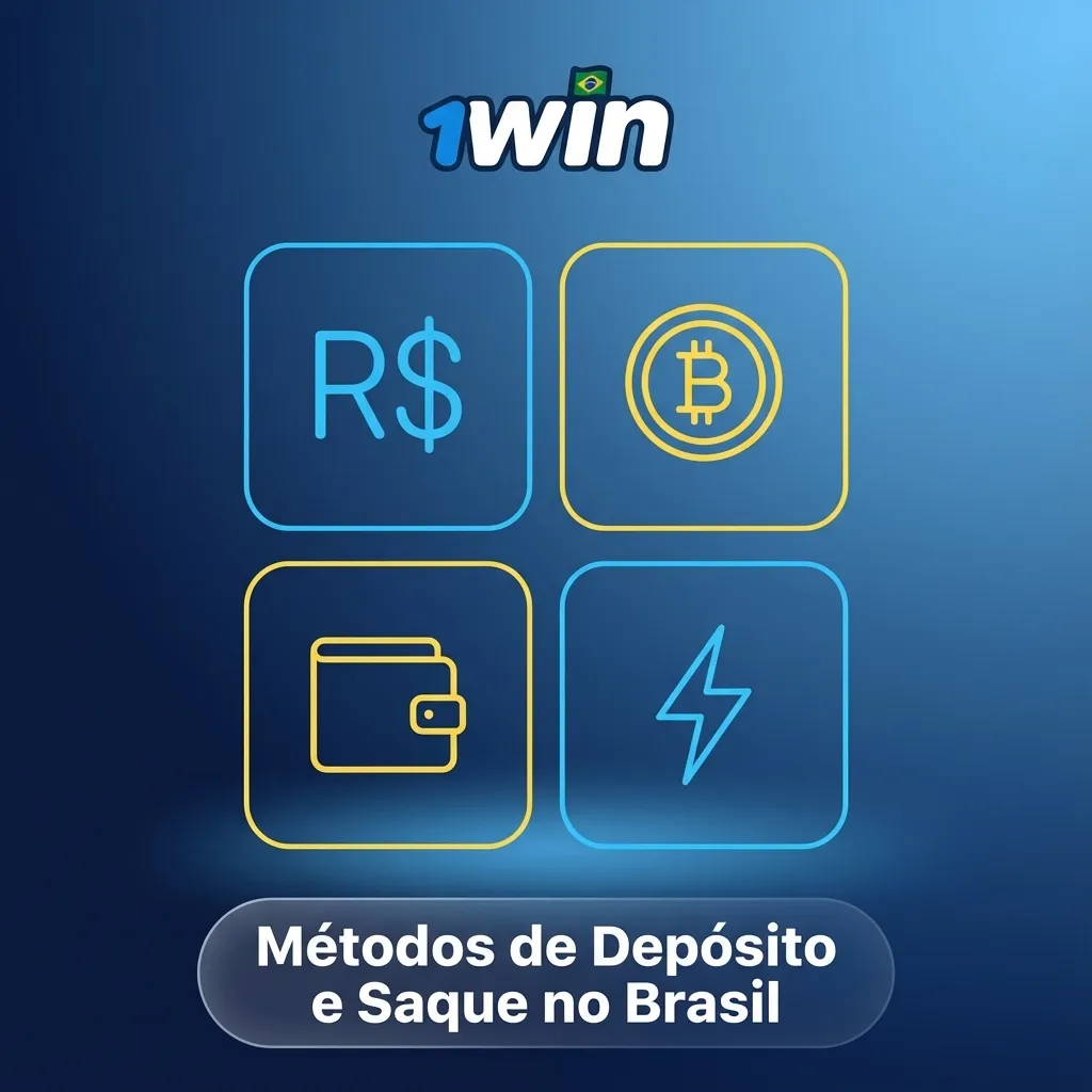 Ícones de métodos de pagamento no Brasil para 1win: Pix, boleto, cartões, carteiras digitais e Bitcoin.