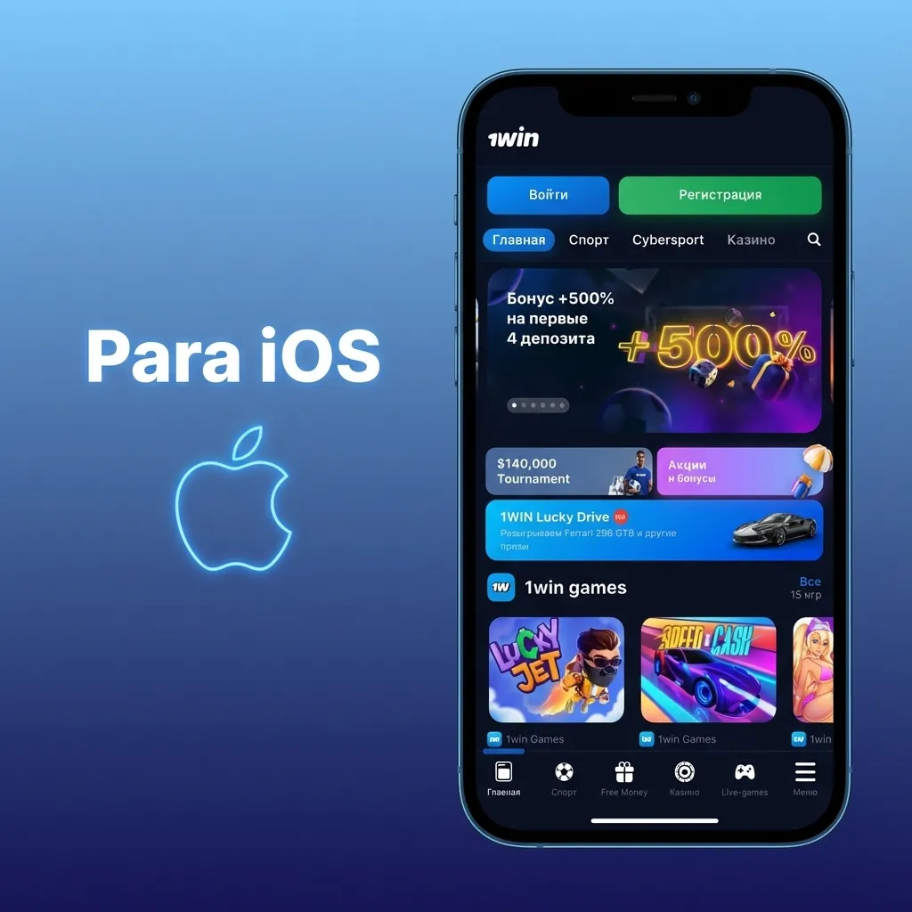 Tela de iPhone exibindo o app 1win aberto, com ícone destacado e instruções de instalação via App Store