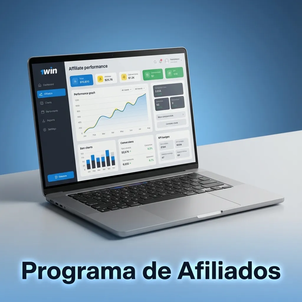 Banner do Programa de Afiliados 1win, com destaque para ganhos por indicação e ícones de marketing digital