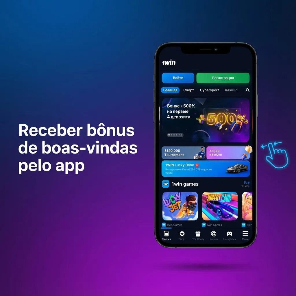 Tela de smartphone exibindo app de cassino com bônus de boas‑vindas e opções de apostas esportivas e de depósito