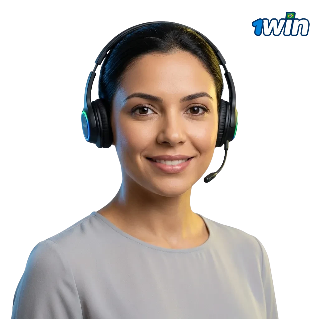 Página de suporte 1win Brasil com ícones de e-mail, chat, telefone e redes sociais em português e inglês