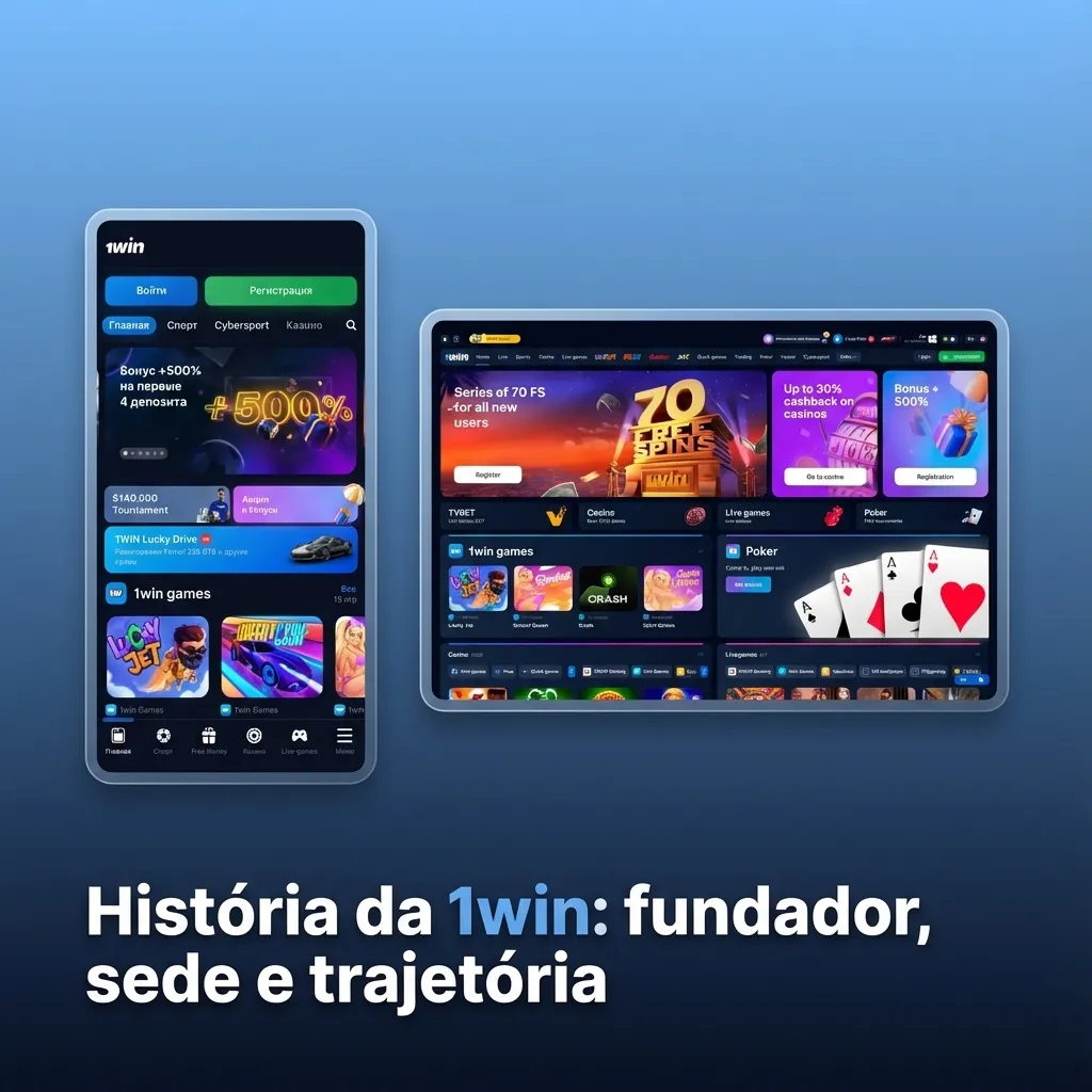 Linha do tempo ilustrada da 1win mostrando fundação em 2016, sede em Limassol e expansão global em apostas online
