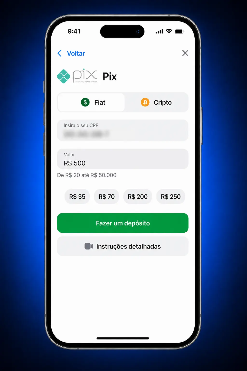 Tela do app 1win mostrando ativação de código promocional, depósito em BRL e bônus na carteira