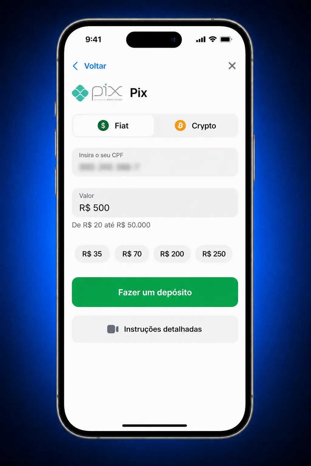 Tela do app 1win mostrando ativação de código promocional, depósito em BRL e acompanhamento de bônus na conta