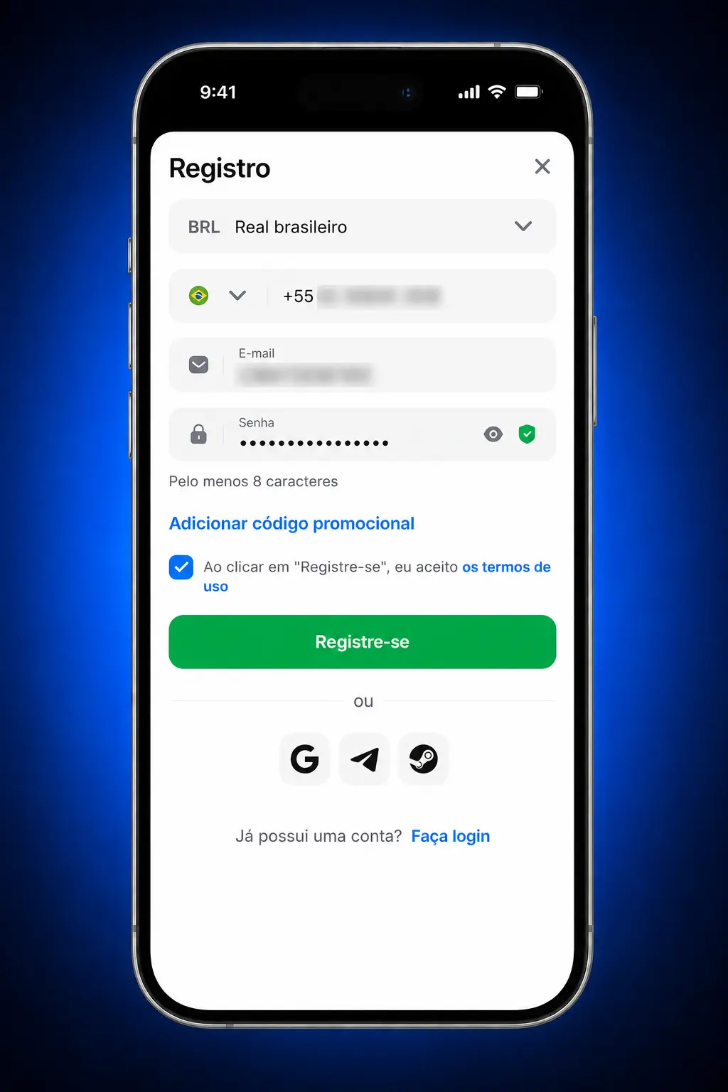 Tela do app da 1win para inserir código promocional
