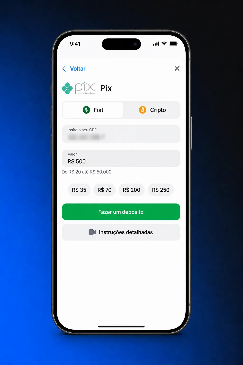 Tela com passo a passo para usar código de bônus 1win no cadastro e depósito via Pix, cartão ou cripto