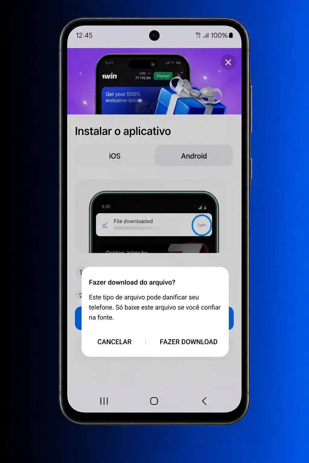 Passo a passo para baixar e instalar o 1win App APK no Android com tela do aplicativo no celular