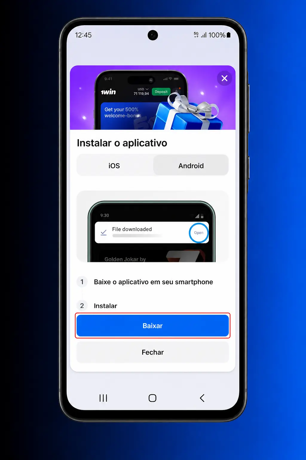 Guia para baixar e instalar o APK 1win no Android, permitir instalação e acessar pela tela inicial