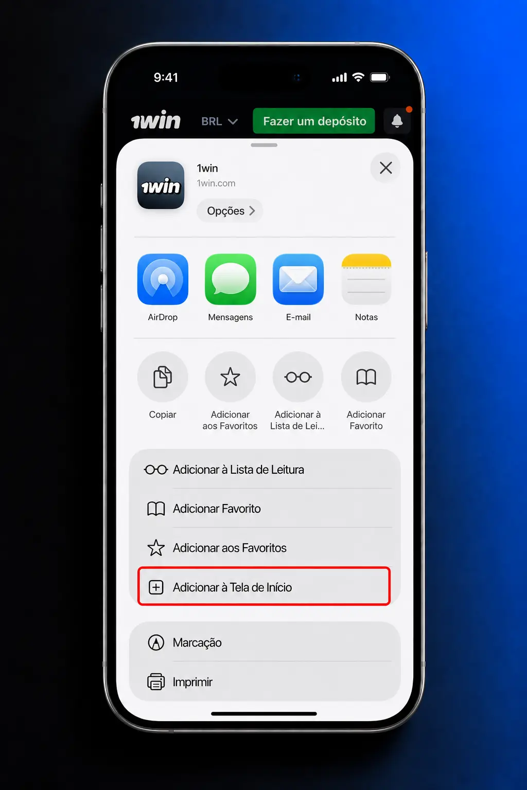 Passo a passo para baixar e instalar o app 1win no iOS usando Safari e adicionar à tela inicial
