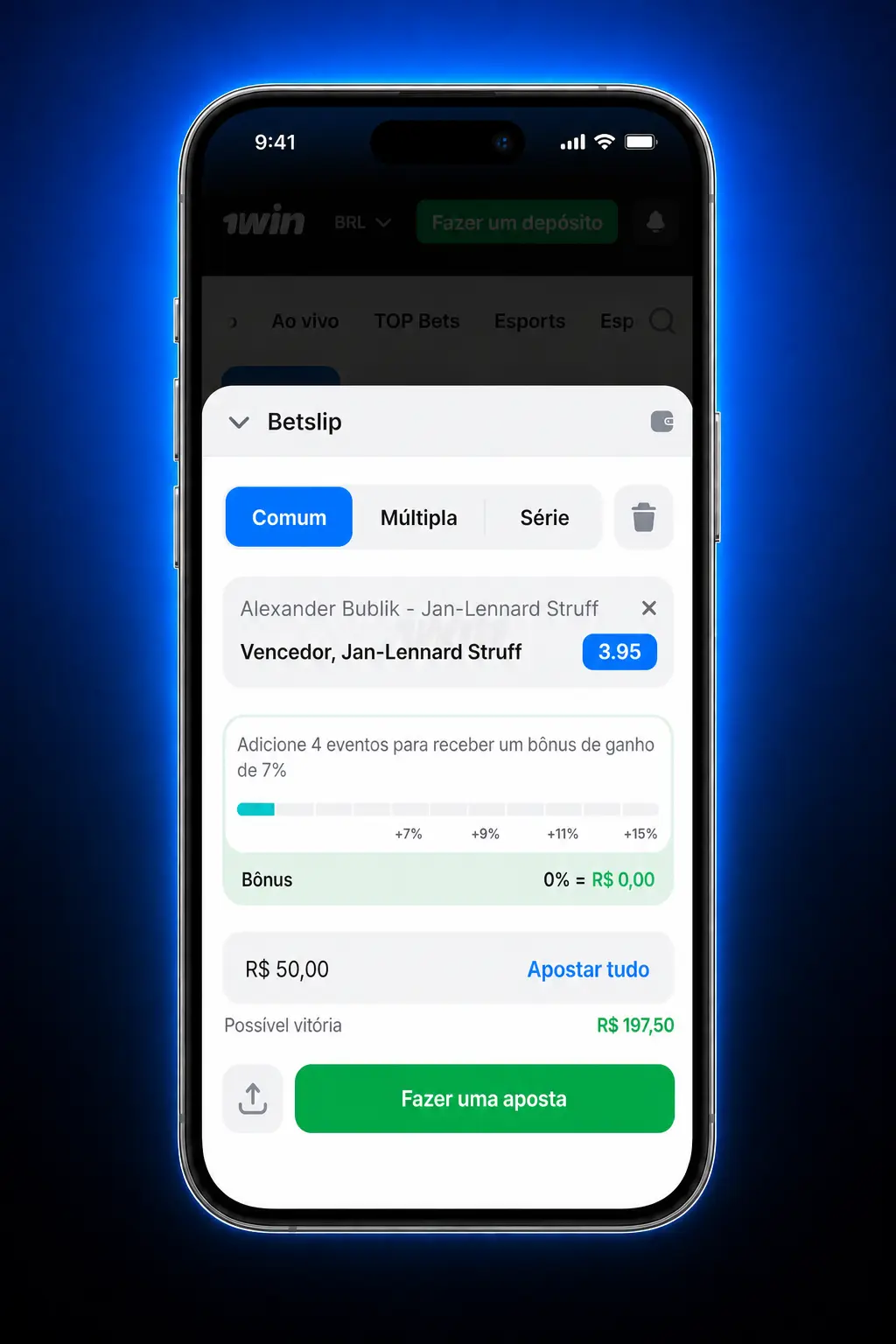 Tela da 1win mostrando seleção de esportes, odds e bilhete para confirmar aposta em BRL
